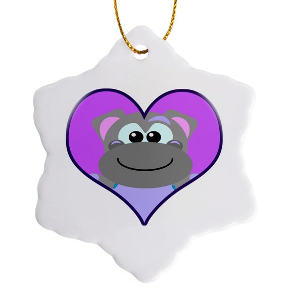 3drose, Hippo Heart Cartoon, 3 inch Snowflake Porcelain Ornament