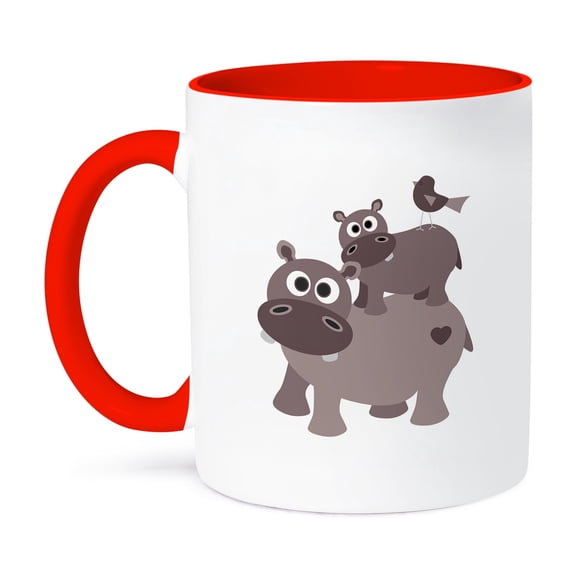 3dRose, Hippo Hippo Birdie, 15oz Two-Tone Red Mug