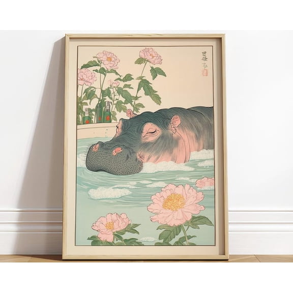 Hippo In Bathtub Ukiyo E Wall Art Print, Unframed Paper Poster 8x10in