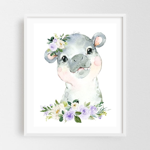 Hippo, Jungle Animals, Safari Animals, Purple Flowers, Gender Neutral Nursery - Illustration Watercolor Floral Animal Whimsical Botanical White Framed Wall Art Print 9 x 12 inches
