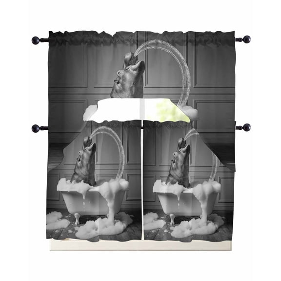 Hippo Kitchen Curtains Set for Windows 3 Piece Cafe Curtains 24 Inch Length Swag Curtains Valances and Tier Set Funny Animal Bathtub Abstract Art Grey Drapes for Bedroom Bathroom Living Room