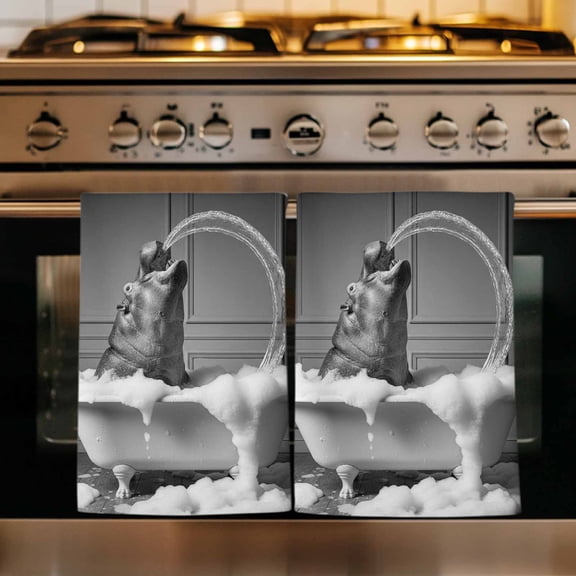 Hippo Kitchen Towels Set of 1, Funny Animal Bathtub Abstract Art Grey Absorbent Dish Towels for Kitchen, Microfiber Hand Towel, Quick Drying Tea Towel for Cleaning Decorative Dishcloths