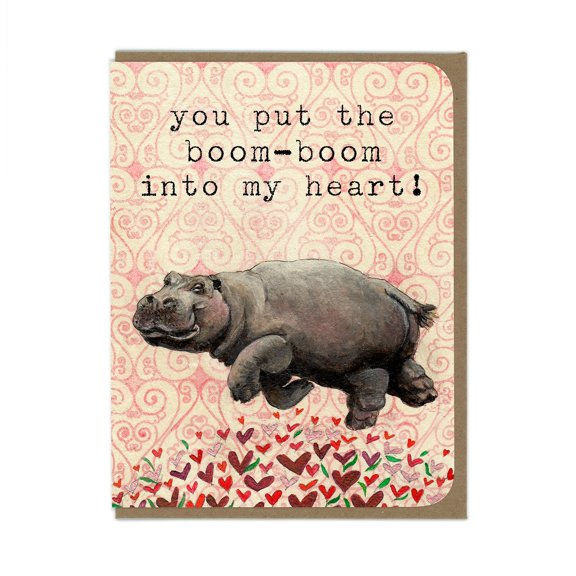 Hippo Love Card - "You Put The Boom-Boom Into My Heart" - Romantic Anniversary, Valentine's Day, or Partner Greeting Card with Whimsical Illustration