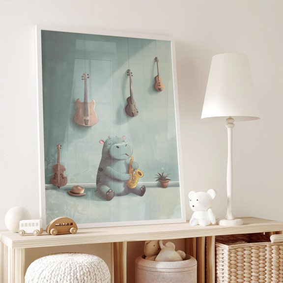 Hippo Musician Nursery Wall Art Saxophone Playing Animal Music Room Decor Children Musical Playroom, Unframed Paper Poster 8x10in