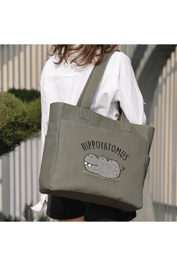 Hippo Cotton Canvas Tote Bag for Women, Large Embroidered Shoulder Bag with Zipper, Travel Work Everyday Carry Tote (Olive)