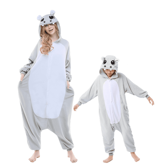 Hippo Onesie Adult Unisex Animal One piece Pajamas Polyester sleepwear Grey Outfit for Wemen and Men Large