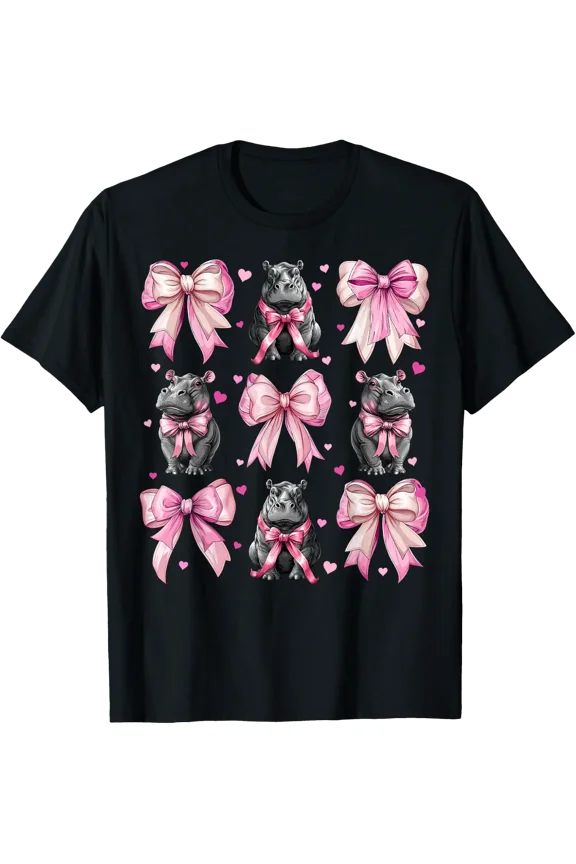 Hippo Pink Coquette Bow Animal T Shirt Size S-5XL