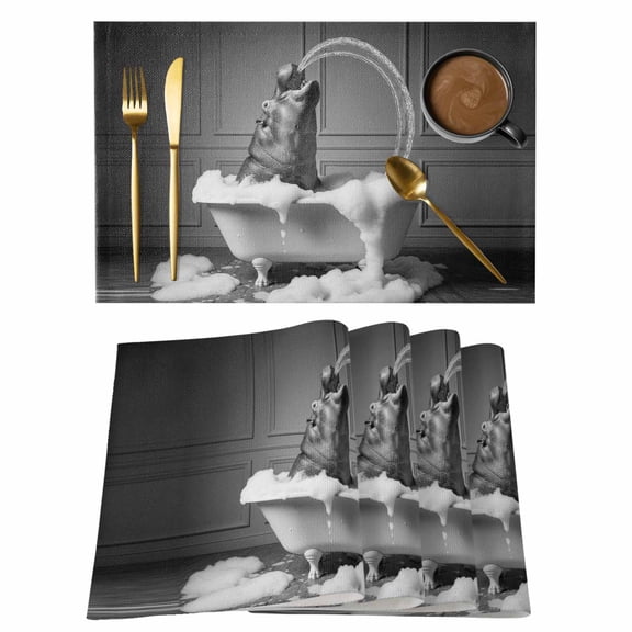 Hippo Placemats Set of 12 Funny Animal Bathtub Abstract Art Grey Place Mats Indoor Wipeable Table Mats Washable Cloth Dining Table Placemats for Kitchen Holiday Party Home Decor 13x19 Inch
