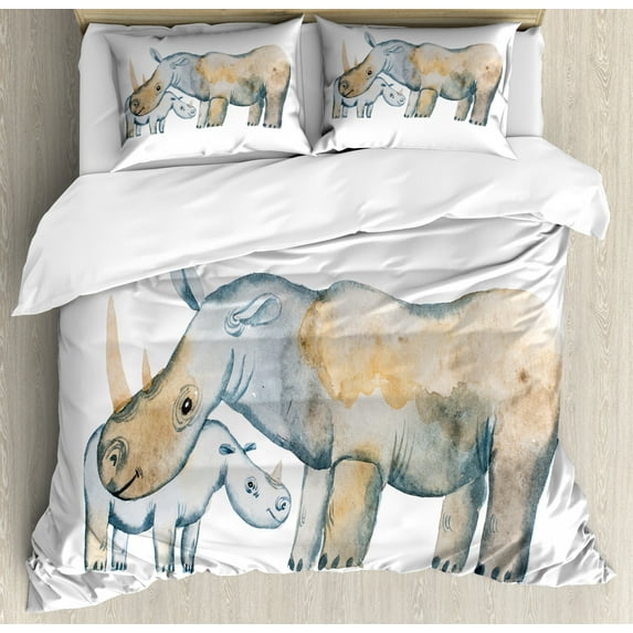 Hippo Queen Size Duvet Cover Set, Mother and Baby Two Hippos Drawn with Watercolor Effect in Pastel Colors, Decorative 3 Piece Bedding Set with 2 Pillow Shams, Blue Grey Tan and White, by Ambesonne
