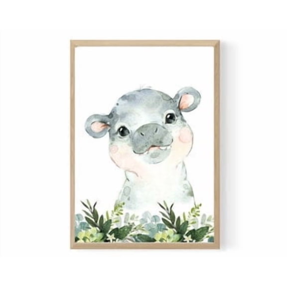 Hippo Safari Animal Poster Nursery Wall Decor Watercolor Style Jungle Animal Baby Shower Gift Greenery Theme Idea