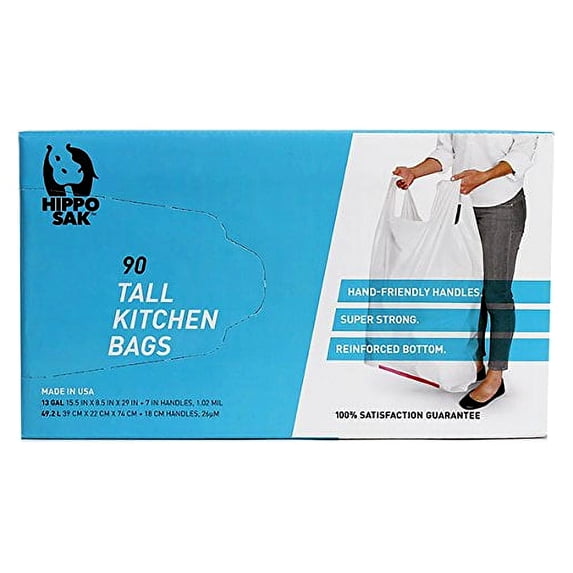 Hippo Sak - Tall Kitchen Garbage Bags with Ergonomic Handles - 13 Gallon Trash Bags - Super Strong, Patented Reinforced Bottom and Leak Proof Tall Kitchen Trash Bags - Heavy Duty Trash Bags (90 Count
