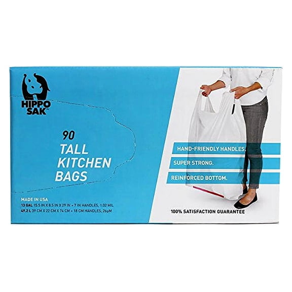 Hippo Sak - Tall Kitchen Garbage Bags with Ergonomic Handles - 13 Gallon Trash Bags - Super Strong, Patented Reinforced Bottom and Leak Proof Tall Kitchen Trash Bags - Heavy Duty Trash Bags (90 Count