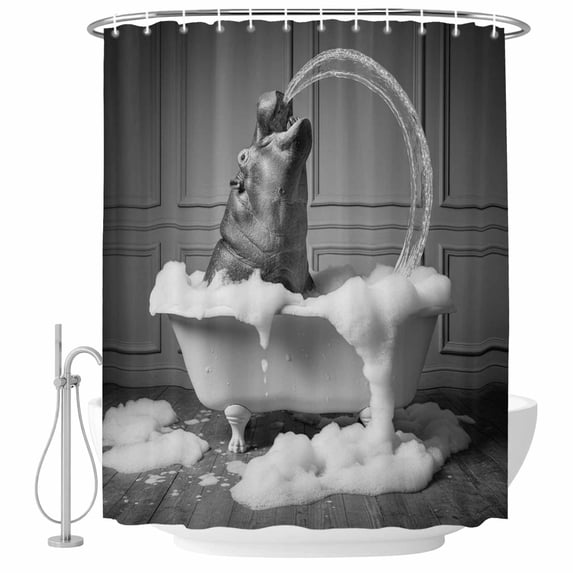 Hippo Shower Curtain Set - 72" x 78" Washable Bathtub Curtain with 12 Hooks, Funny Animal Bathtub Abstract Art Grey Waterproof Fabric Stall Shower Curtains for Bathroom/Bathtub Décor
