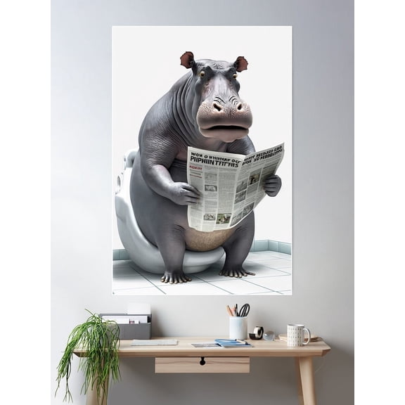 Hippo Sitting On The Toilet Reading A Newspaper Poster Wall Art, Modern Wall Decor For Living Room Bedroom, 8x12 UNFRAMED
