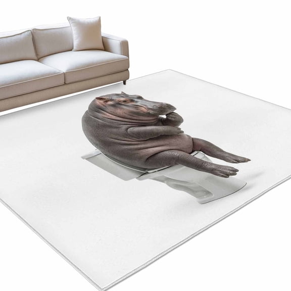 Hippo Sitting on The Toilet Thinking 6x9ft Non Slip Area Rug Abstract Funny Animal Washable Soft Area Rugs for Living Room, Indoor Circle Carpet for Bedroom Dining Room Kitchen