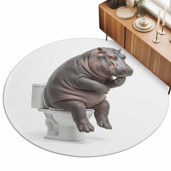 Hippo Sitting on The Toilet Thinking Area Rug, Abstract Funny Animal Non-Slip Felt Rubber Backing Round Indoor Carpet Washable Rugs for Living Room Bedroom 3ft