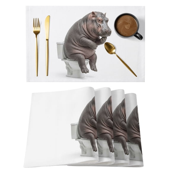 Hippo Sitting on The Toilet Thinking Cotton Linen Placemats Set of 1, Abstract Funny Animal Washable Table Place Mats Heat Insulating Placemat for Dining Room Kitchen Daily Use 13 x 19 Inch