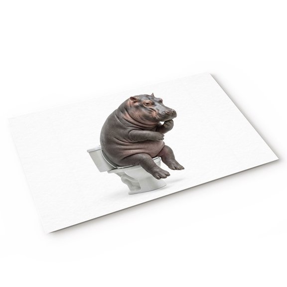 Hippo Sitting on The Toilet Thinking Door Mat Abstract Funny Animal Non Slip Absorbent Entrance Mat Washable Low Profile Indoor Doormat for Front Door Entryway Entry 16"x24"