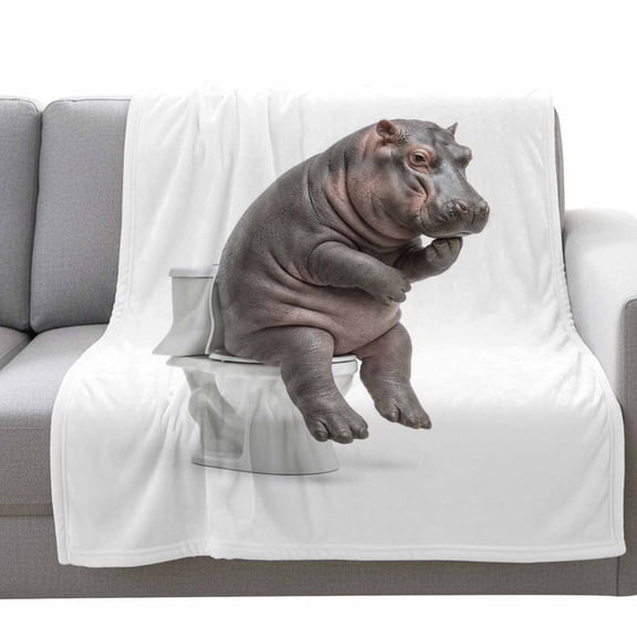 Hippo Sitting on The Toilet Thinking Fleece Throw Blanket Lightweight Abstract Funny Animal Fuzzy Flannel Throws Super Soft Cozy Flannel Blanket for Couch, Sofa, Bed, Travel 40"x50"
