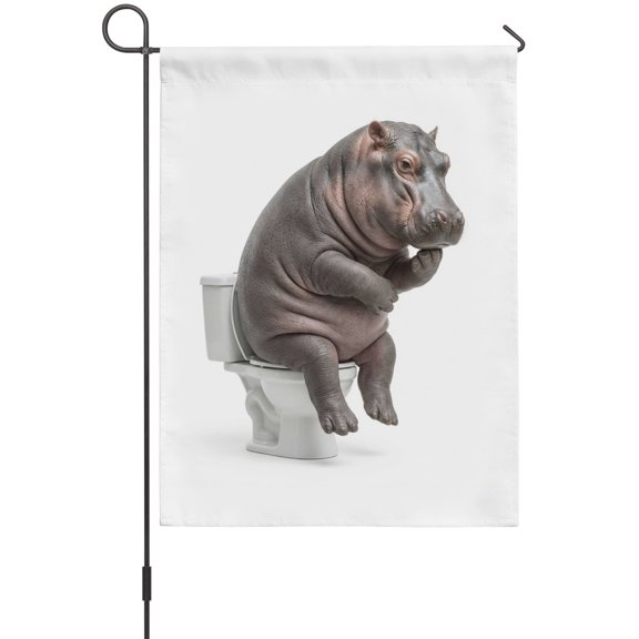 Hippo Sitting on The Toilet Thinking Garden Flags For Outdoor, Abstract Funny Animal Small Double Side Yard Flags Weather Proof Garden Decor for Lawn Outside Holiday 12 x 18 Inches