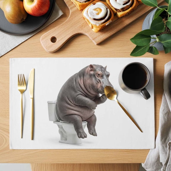Hippo Sitting on The Toilet Thinking Placemats Set of 1, Abstract Funny Animal Heat Insulated Linen Place Mats, Washable Stain-Proof Table Mats for Dining Tables Holiday Decor 13x19 Inches
