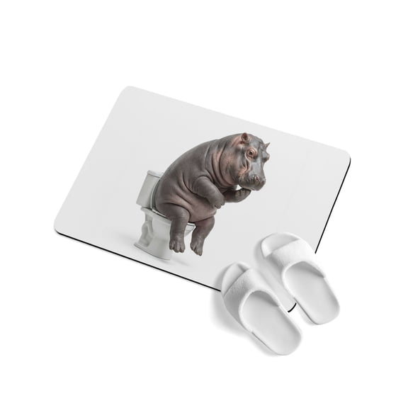 Hippo Sitting on The Toilet Thinking Soft Diatomaceous Earth Mat, Abstract Funny Animal Absorbent Bath Mat Non Slip Rubber Backed Quick Dry Doormat Fit Under Door for Bathroom Kitchen 24"x36"