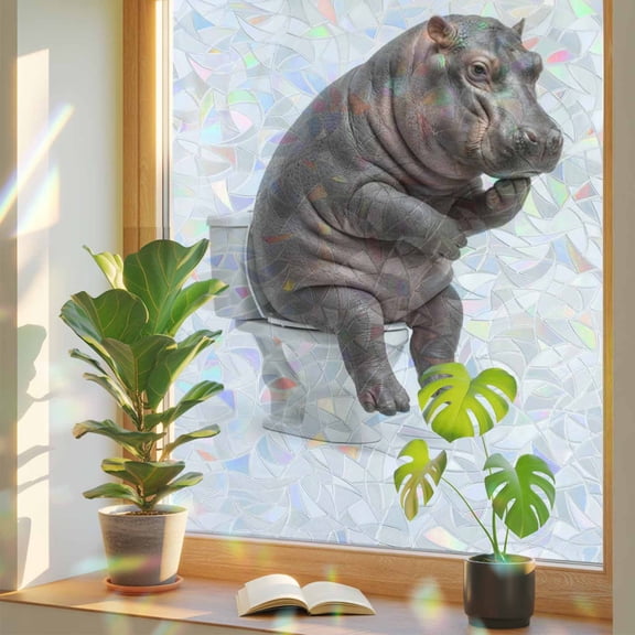 Hippo Sitting on The Toilet Thinking Window Privacy Film, Abstract Funny Animal Stained Glass Rainbow Film Decorative Window Clings, Static Cling Sun Blocking Stickers 19.6" x 39.3"
