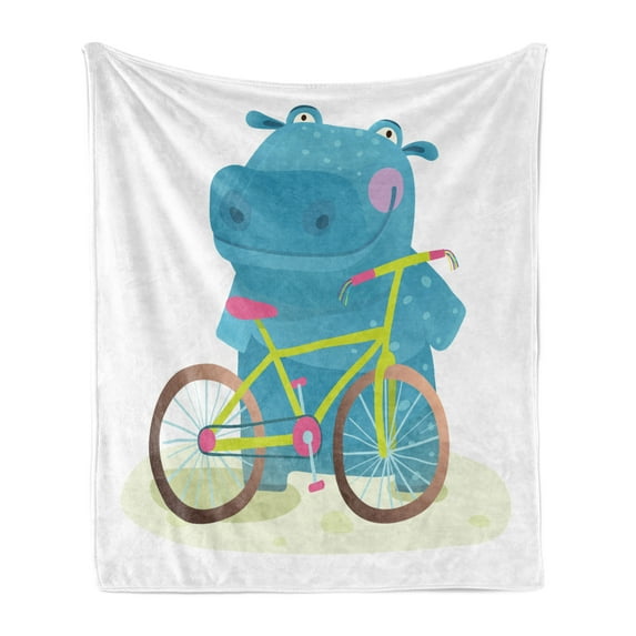 Hippo Soft Flannel Fleece Blanket, Hippo Child with Colorful Bicycle Having Fun Doing Sports Graphic Illustration Print, Cozy Plush for Indoor and Outdoor Use, 70" x 90", Multicolor, by Ambesonne