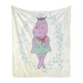 thumbnail image 1 of Hippo Soft Flannel Fleece Blanket, Hippie Animal Hippopotamus Girl with Dotted Dress on Grungy Flower Wreath Background, Cozy Plush for Indoor and Outdoor Use, 70" x 90", Multicolor, by Ambesonne, 1 of 6