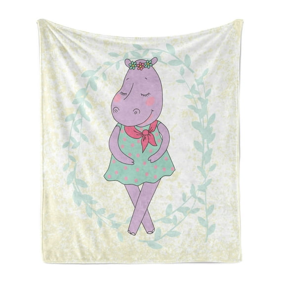 Hippo Soft Flannel Fleece Blanket, Hippie Animal Hippopotamus Girl with Dotted Dress on Grungy Flower Wreath Background, Cozy Plush for Indoor and Outdoor Use, 70" x 90", Multicolor, by Ambesonne