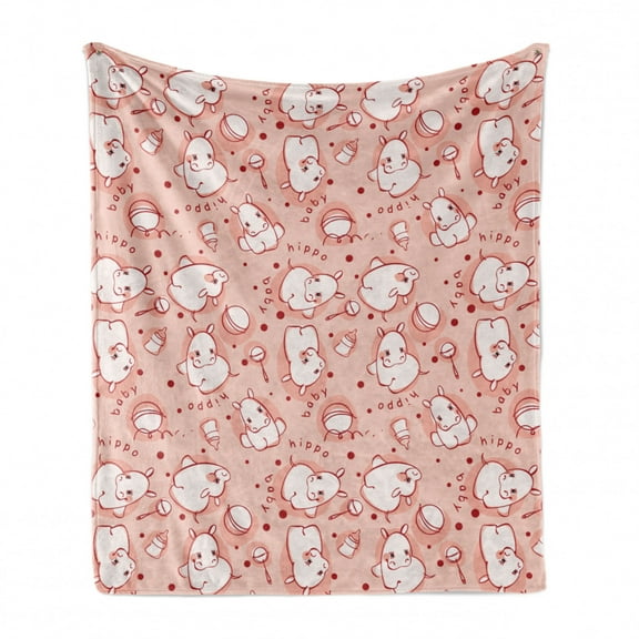 Hippo Soft Flannel Fleece Throw Blanket, Baby Hippo Pattern Wild Animal Funny Girls Boys Playroom Concept, Cozy Plush for Indoor and Outdoor Use, 50" x 60", White Coral and Red, by Ambesonne