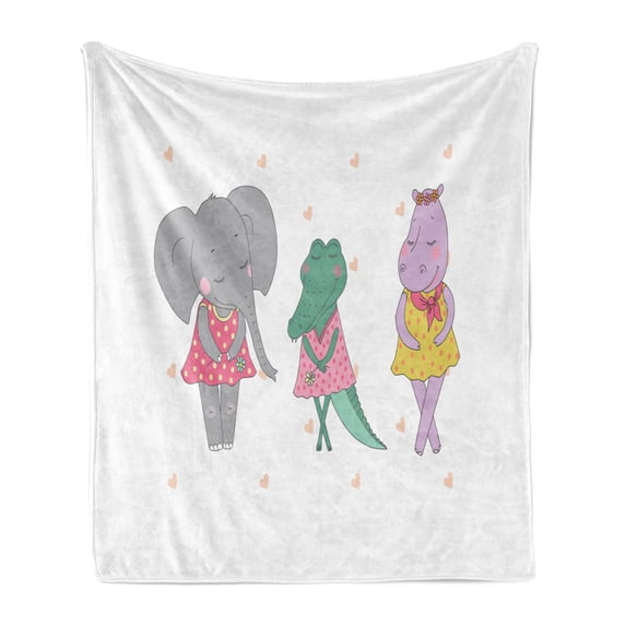Hippo Soft Flannel Fleece Throw Blanket, Hippo and Crocodile Girls with Closed Eyes Standing in Polka Dot Dresses, Cozy Plush for Indoor and Outdoor Use, 70" x 90", Multicolor, by Ambesonne