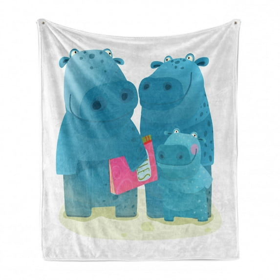 Hippo Soft Flannel Fleece Throw Blanket, Graphic Happy Hippo Family with Father Mother and Little Child on White Background, Cozy Plush for Indoor and Outdoor Use, 60" x 80", Multicolor, by Ambesonne