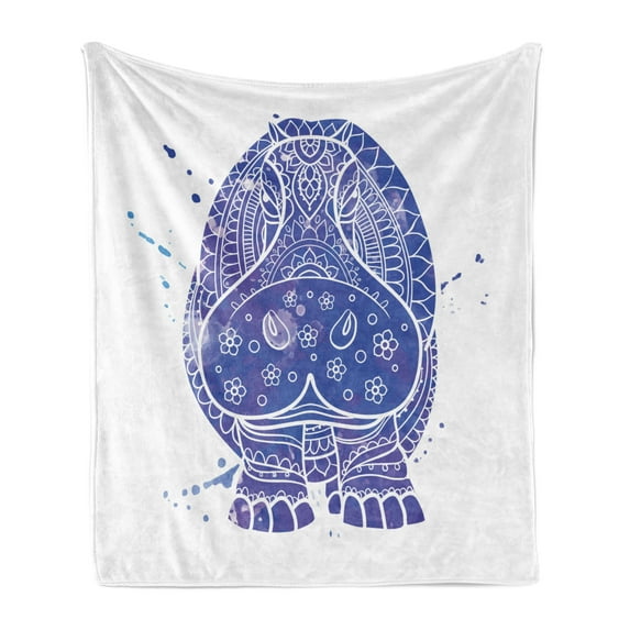 Hippo Soft Flannel Fleece Throw Blanket, Ornamental Ombre Style Watercolor Effect on Abstract Hippo Animal, Cozy Plush for Indoor and Outdoor Use, 70" x 90", Indigo Purple and White, by Ambesonne