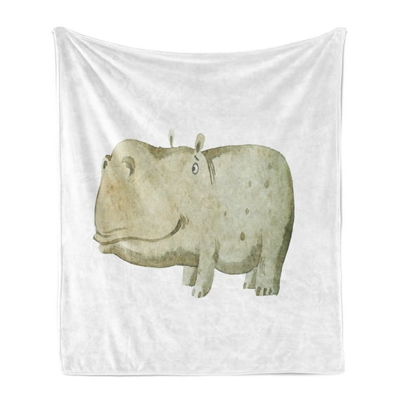 Hippo Soft Flannel Fleece Throw Blanket, Watercolor Style Illustration of Hand-Drawn Happy Baby Hippo, Cozy Plush for Indoor and Outdoor Use, 50" x 60", Pale Sage Green Sepia, by Ambesonne