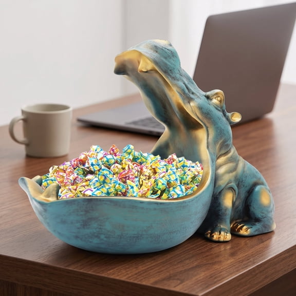 JWGIETK Hippo Statue,Large Hippopotamus Figurine Home Sculpture with Resin, Hippo Candy Jar, Candy Dish Bowl for Office Desk, Key Bowl for Entryway Table,Container Storage Art Decor Box(Dark Blue)
