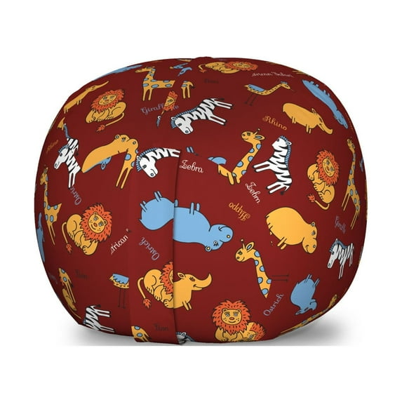 Hippo Storage Toy Bag Chair, Doodle Pattern with Wild Animals Such as Ostrich Zebra and Lion Cartoon, Stuffed Animal Organizer Washable Bag, Large Size, Multicolor, by Ambesonne