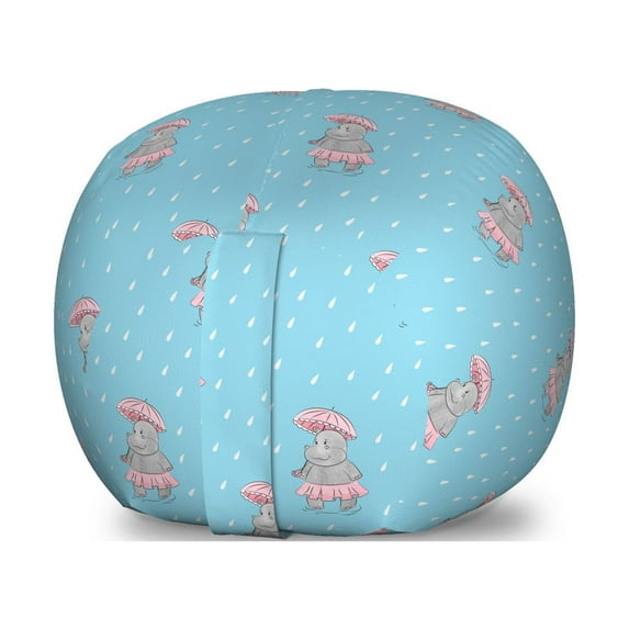 Hippo Storage Toy Bag Chair, Pattern with Hippo Girl Walking with Umbrella on a Rainy Day, Stuffed Animal Organizer Washable Bag, Large Size, Grey Pink Sky Blue, by Ambesonne