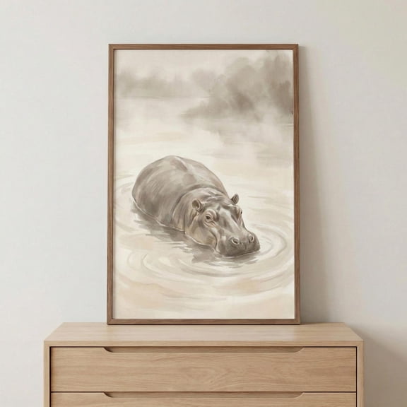 Hippo Style Wall Art Safari Nursery Decor Neutral Wildlife Illustration Unframed Paper Print