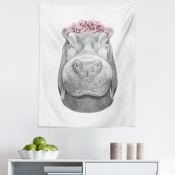 Hippo Tapestry, Pencil Hand-Drawn Style Animal Portrait with Floral Head Wreath, Fabric Wall Hanging Decor for Bedroom Living Room Dorm, 5 Sizes, Pale Pink Pale Grey, by Ambesonne