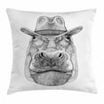 thumbnail image 1 of Hippo Throw Pillow Cushion Cover, Behemoth Animal Figure Wearing Cowboy Hat Wild West Inspired Hand-Drawn Image, Decorative Square Accent Pillow Case, 20 X 20 Inches, Black and White, by Ambesonne, 1 of 2