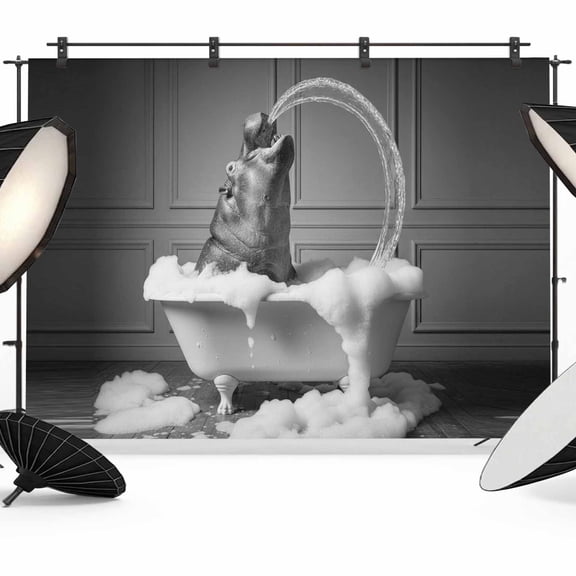 Hippo in Tub Photography Backdrop 7x5FT, Vintage Abstract Funny Black White Animal Bathing in Bathroom Photo Backdrops, Background for Photography Studio, Back Drop for Photoshoot