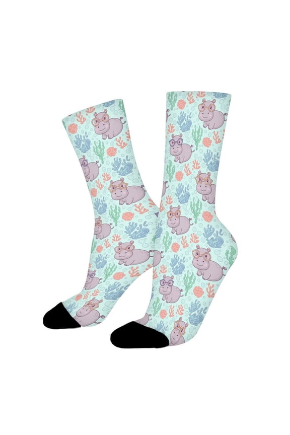 Hippo Wearing Glasses Funny Novelty Crew Socks for Women Men Sports