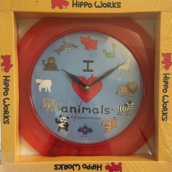 Hippo Works I Love Animals Kids 10" Wall Clock with Zoo Animals