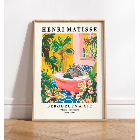 Hippo in Bathtub Poster: Funny Bathroom Print, Matisse Style, Poster Only