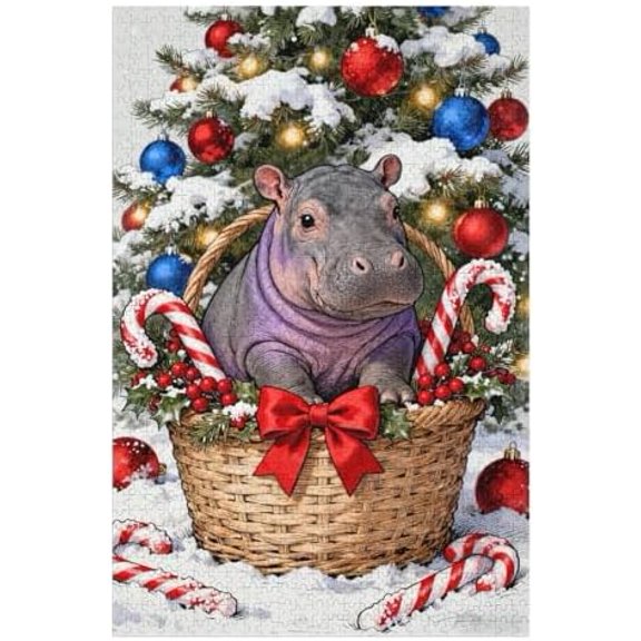 Hippo in Christmas Stocking 500 Piece Puzzle - Festive Holiday Scene, Colorful DIY Craft, Fun Family Activity, Challenging Puzzle, Home Wall Decor