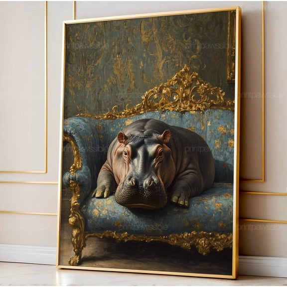 Hippo on Ornate Sofa Art Print Unique Animal Home Decor Quirky Wildlife Wall Printable Unframed Paper Print