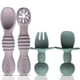 thumbnail interactive-video image 1 of HippoBaby 4pc Silicone Baby Utensils Set, Self-Feeding Spoons & Fork for 6-12 Months, Toddler Essentials (Light pink/Green), 1 of 10
