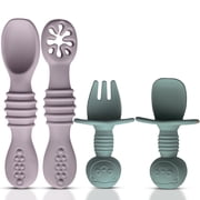 HippoBaby 4pc Silicone Baby Utensils Set, Self-Feeding Spoons & Fork for 6-12 Months, Toddler Essentials Light pink/Green
