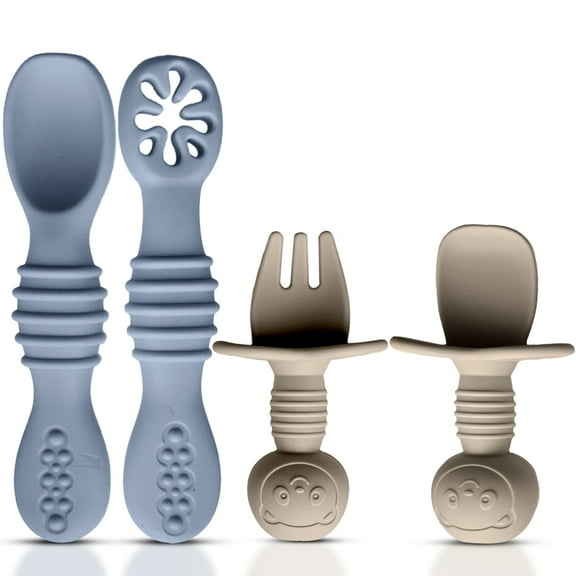 HippoBaby 4pc Silicone Baby Utensils Set, Self-Feeding Spoons & Fork for 6-12 Months, Toddler Essentials (Grey/Beige)